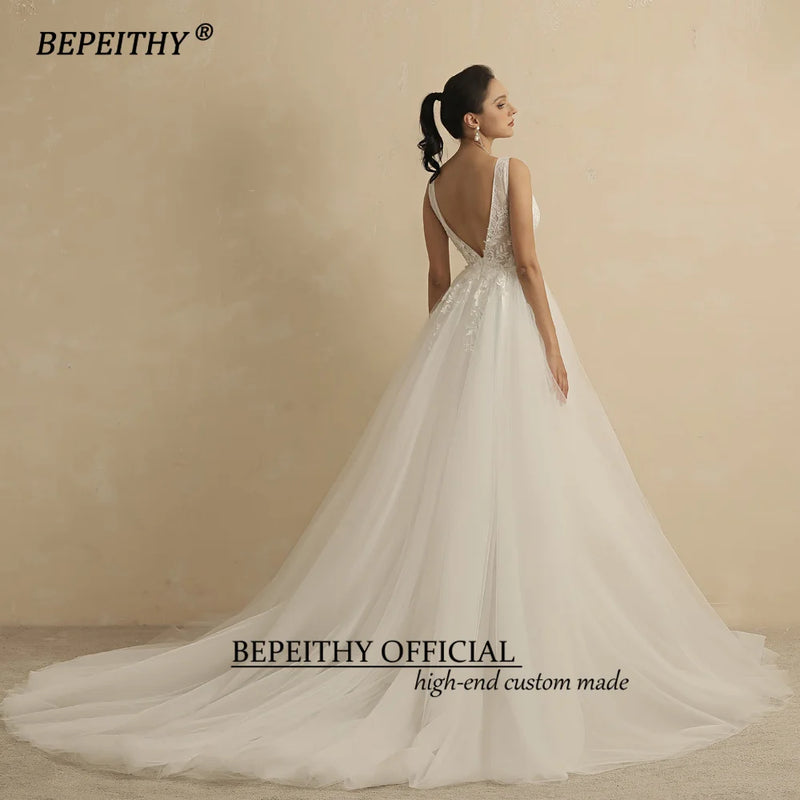 BEPEITHY Real Image Sexy Deep V Neck Wedding Dresses For Women 2022 Bride A Line Open Back Boho Bridal Party Gown Sleeveless