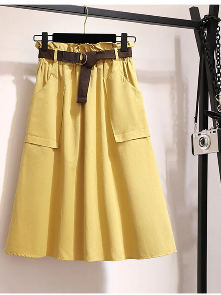 Midi Knee Length Summer Autumn Skirt Women No Belt Casual Cotton Solid High Waist Sun School Skirt Female
