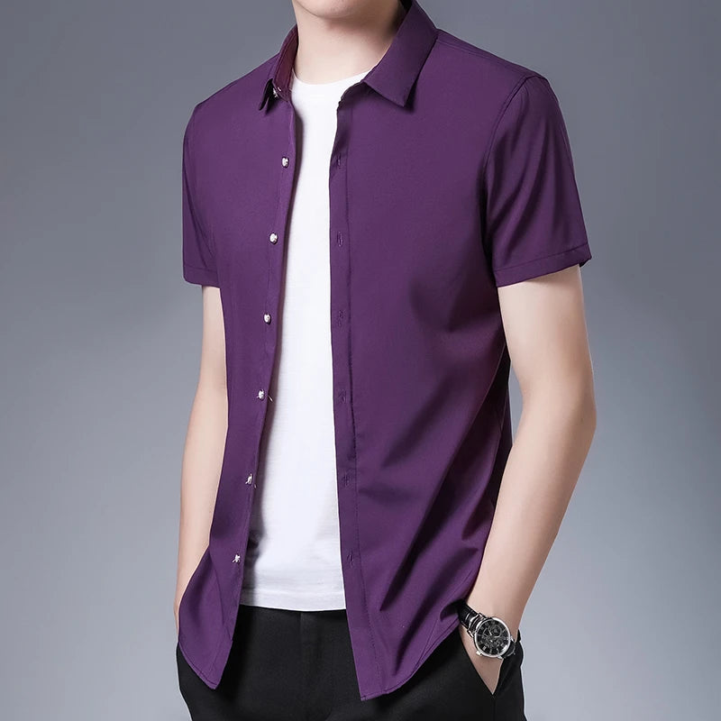 Men's Business Casual Solid Color Short Sleeved Shirt Non Ironing Comfortable Top