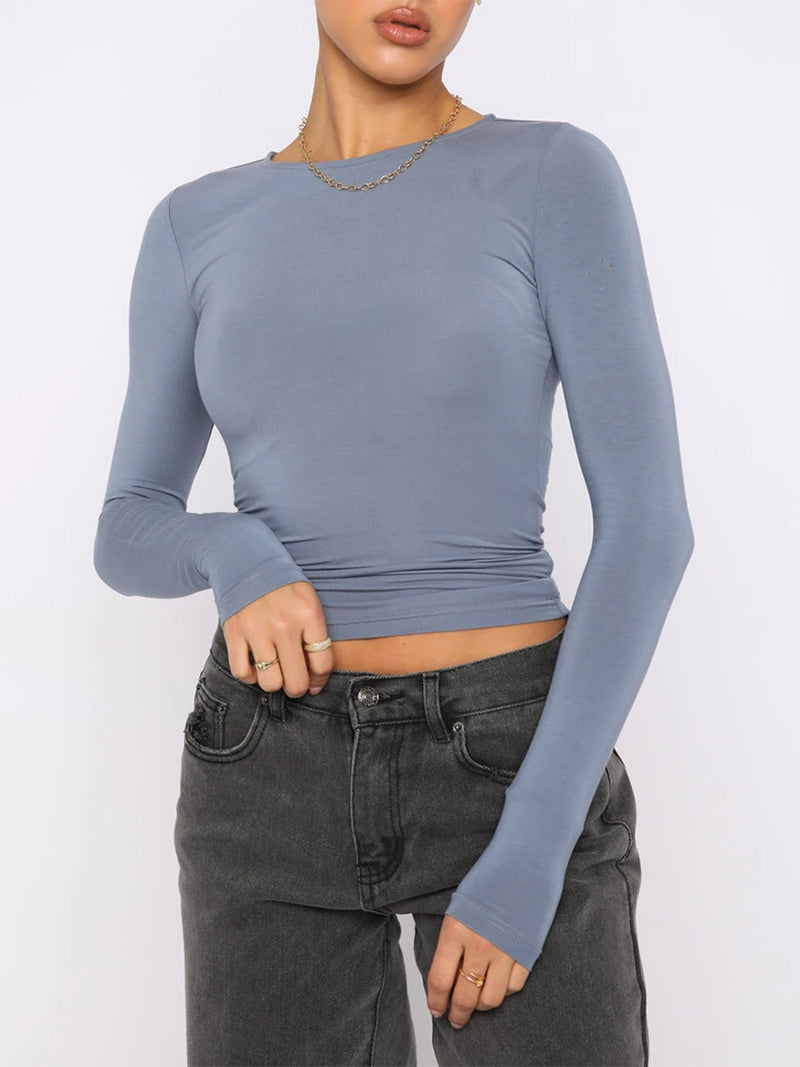 Women's Fall Casual Slim Fit Basic Crop Tops Solid Color Long Sleeve Crew Neck Pullover Tight Tee Shirts Show Navel T-Shirt