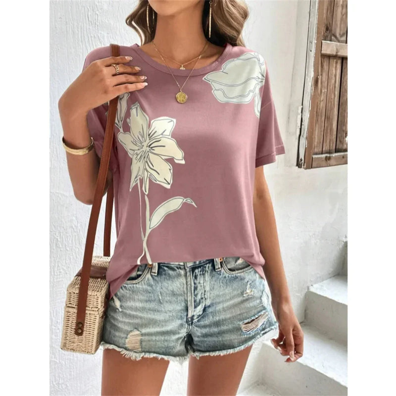 Fashion Flower Print T Shirt For Women Summer Hip Hop Trend Harajuku Streetwear Daily Casual O-neck Short Sleeve Loose T-Shirts