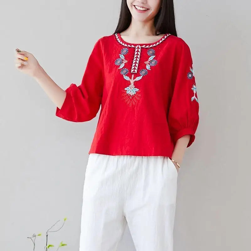 Women Cotton Linen Floral Embroider  Blouses Boho Ethnic Lantern Sleeve Shirts Vintage Retro Hippie Casual Tops Summer Blusa