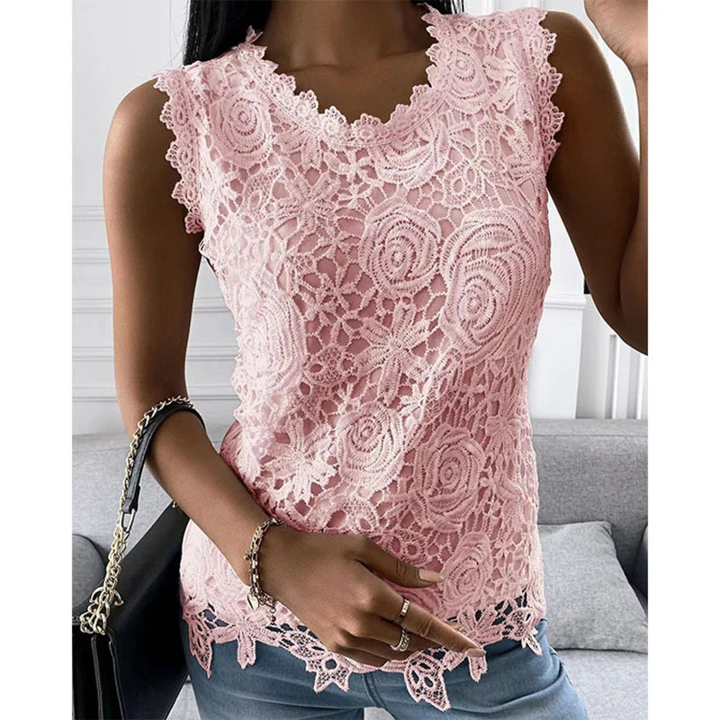 Summer Fashion Lace Blouse Woman Jacquard Sleeveless Casual Women Shirts 4XL Vintage Loose Floral Vest Tops Blusas Mujer 19340