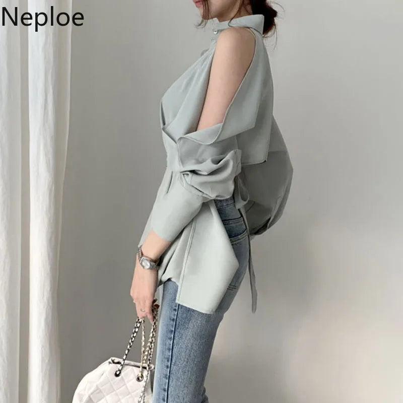 Neploe Women Blouse New Lady Hollow Out Turn Down Collar Fashion Shirts Blusa Off Shoulder Spring Summer 2024 Solid Tops 1A822