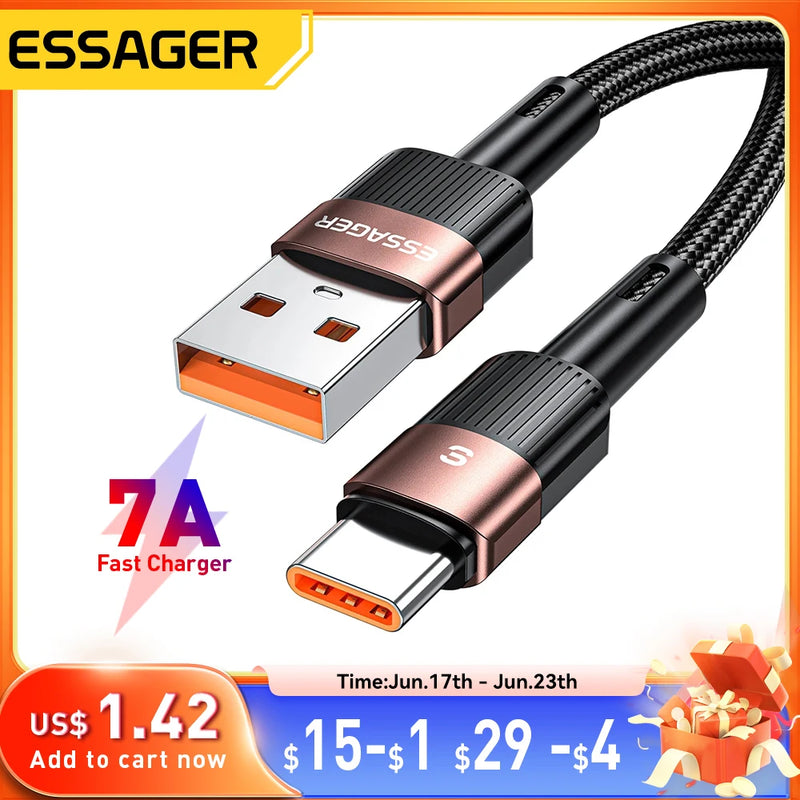 Essager 7A USB Type C Cable For Realme Huawei P30 Pro 66W Fast Charging Wire USB-C Charger Data Cord For Samsung Oneplus Poco F3