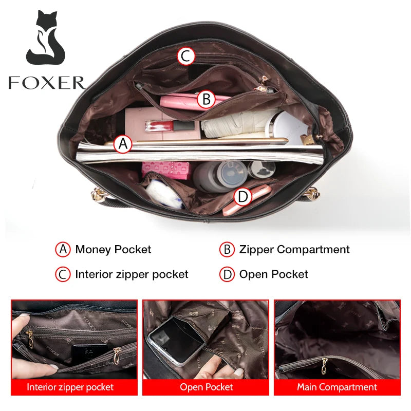 FOXER Brand Stylish Women Cowhide Leather Handbag Female Shoulder Bag Designer Luxury Lady Large Capacity Zipper Top-Handle Bags