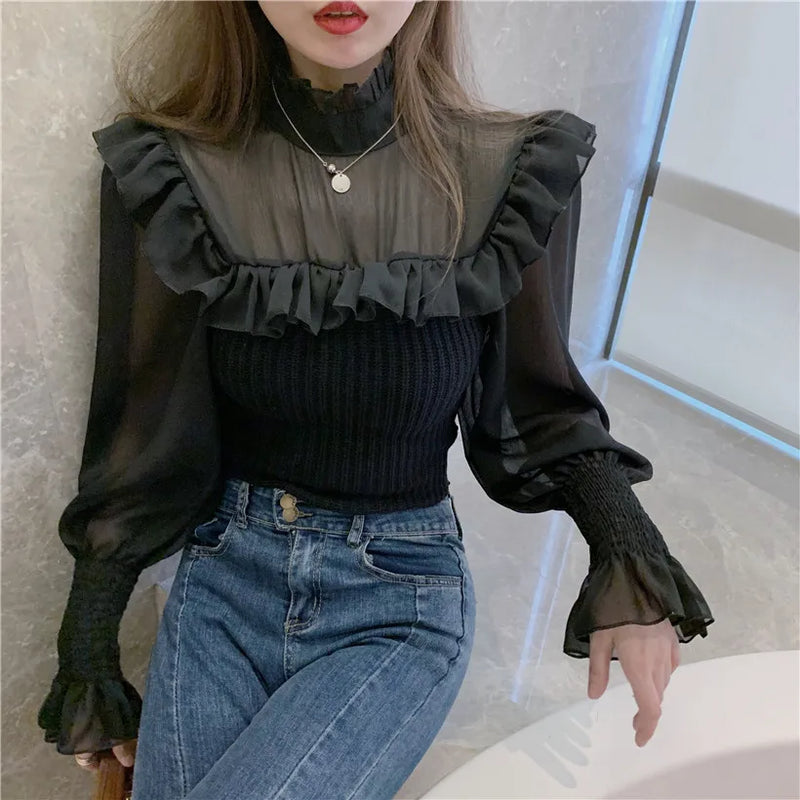 Gagarich Women Sweater Winter Autumn French Sweet Temperament Female Mesh Stitching Frill Design Solid Color Pullovers