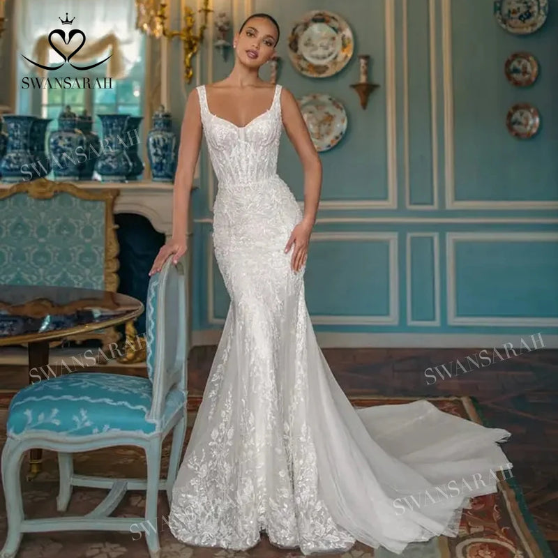 Sleeveless Mermaid Wedding Dress 2024 Appliques Detachable Train Princess Bride Gown SwanSarah W232 Plus Size Vestido De Novia