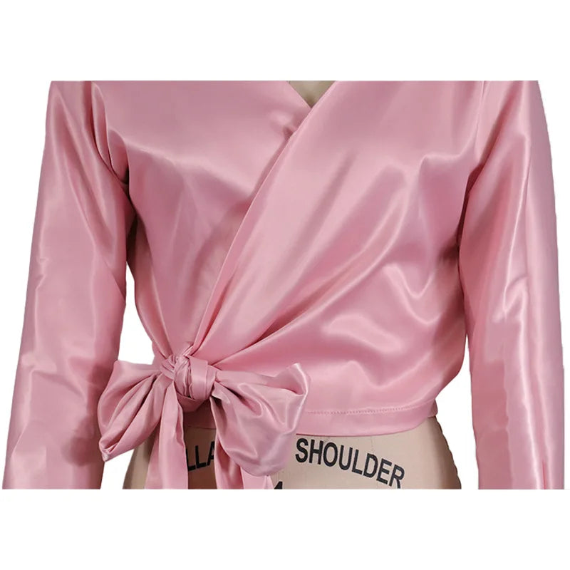 Shine Blouses Women Lace Up Bow Shiny Wrap Long Sleeves Bare Shoulder Spring Elegant Fashion Ladies Modest Classy Party Bluas