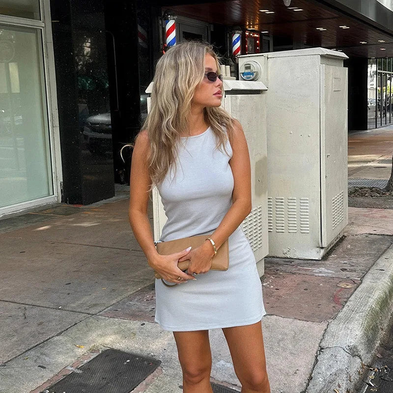 NEONBABIPINK Gray Summer Elegant Dress Women Clothing 2024 Fashion Casual Sleeveless Short Dresses N85-BZ16