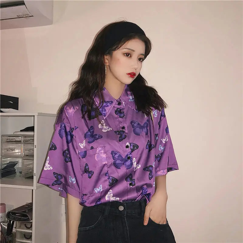 Vintage Shirts Women Chic Purple Butterfly-printed Retro Hot Summer High Street Ladies Top Harajuku Design  Schoolgirls