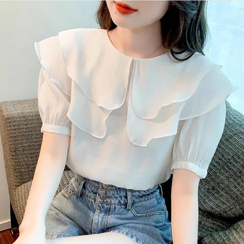 Summer Chiffon Blouses Women Casual Shirts 2024 Vintage Short Sleeve Blusas Mujer Korean Style White Puff Sleeve Ladies Tops y2k