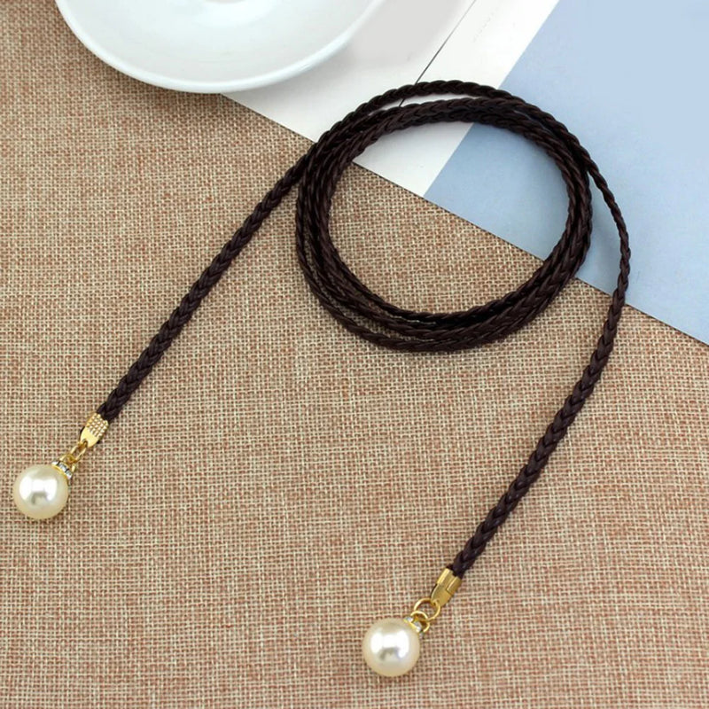 140CM Long Vintage Bohemian Knot Thin Belt Women Elegant Pearl Elastic Braided Waistband Female Summer Seaside Dress Waist Ropes