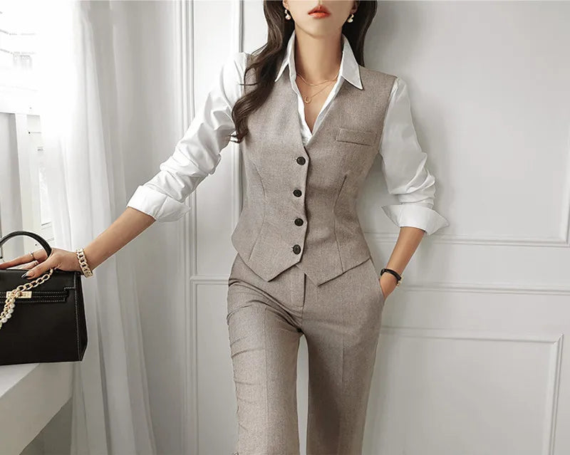 Korean Fashion Women Blazer 3 Pcs Vintage Long Sleeve Suit Jackets Vest and Straight Pants Suit Female Chic Business Outfits New