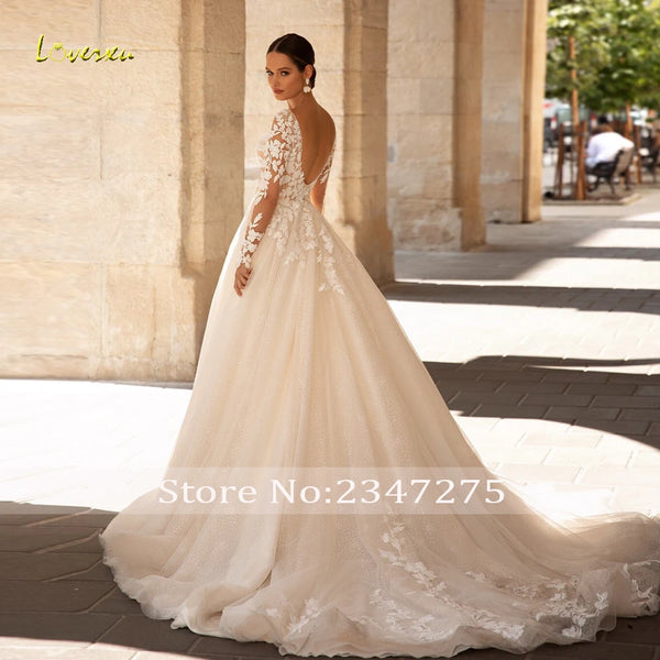 Loverxu A-Line Elegant Wedding Dresses 2024 V-Neck Long Sleeve Tulle Vestido De Novia Appliques Beaded Delicate Robe De Mariee