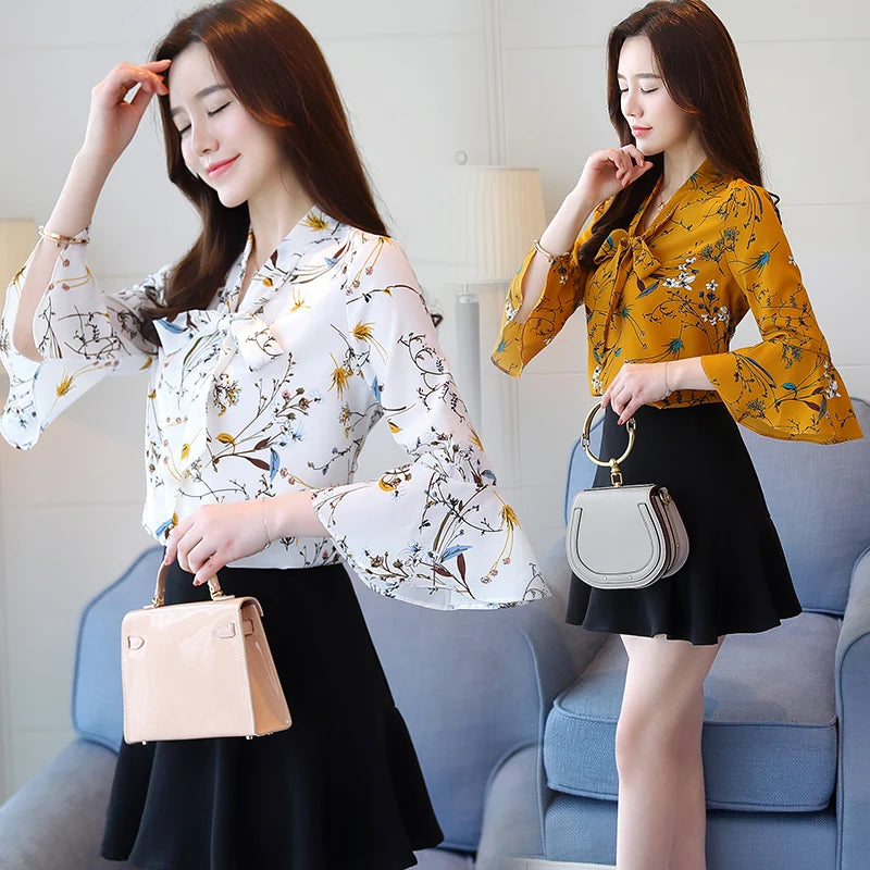 Chiffon Shirt Female Summer 2023 New Bow V Collar White Printing Transparent Women Tops Flare Sleeve Women Blouse Shirt 807A