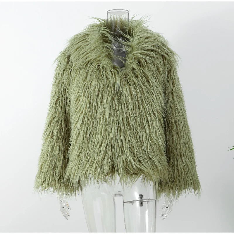 Green Fashion Oversize Plush Fur Coat For Women Elegant Soft Warm Long Sleeves Loose Jackets Winter Chic 2024 Street Outerwear ﻿