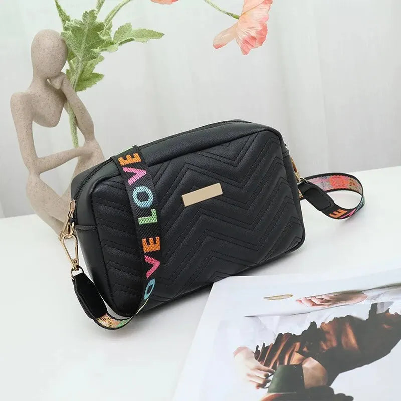 Rilibegan Embroidered Camera Bag PU Material Casual Small Square Bag Versatile Single Shoulder Bag Printed Shoulder Strap