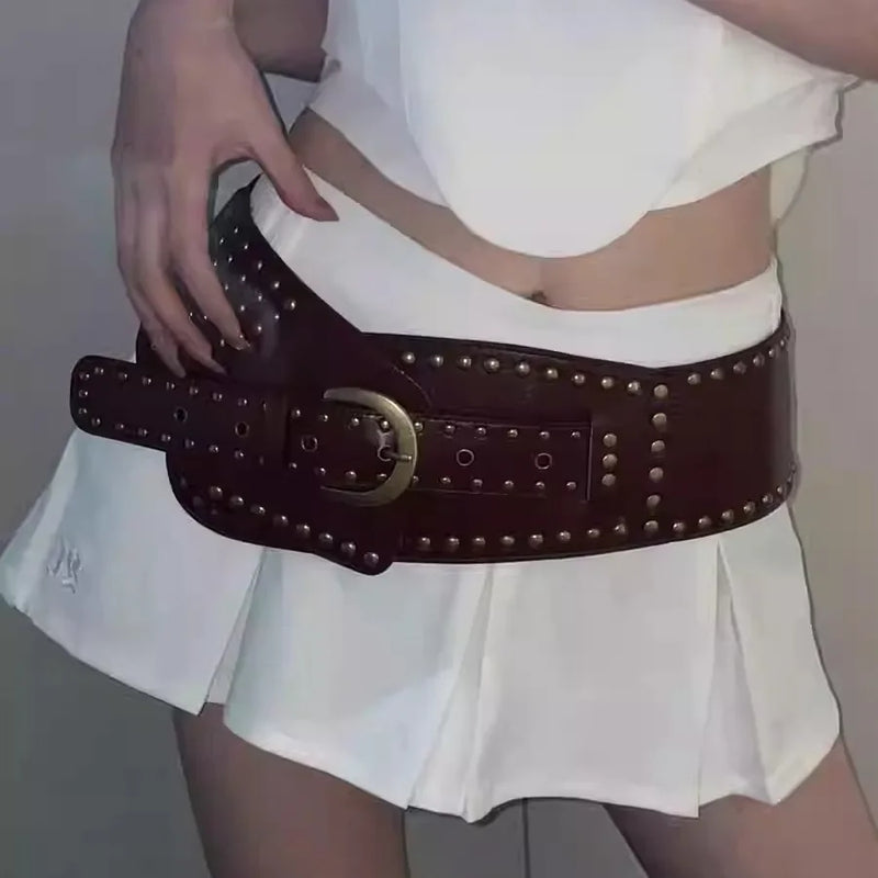Vintage Punk Studded Belt  Chain Y2K Metal Pu Western Cowboy Wide Waistband Waist Belts Sexy Hiphop Men Skeleton Beaded Belt