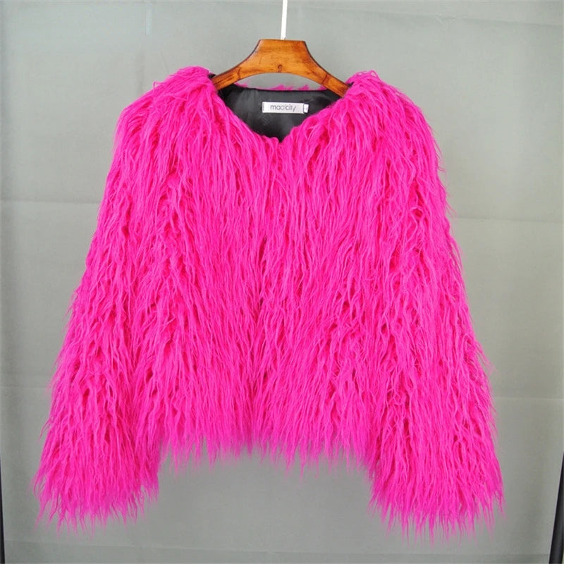 New Autumn Winter Warm Women Faux Fur Coat Loose Black White Pink Plush Coat Female Fur Jacket