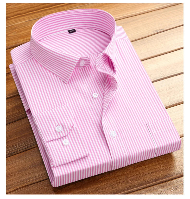 Cotton Men's Classic Long Sleeve Striped Basic Dress Shirts Single Patch Pocket Formal Business Standard-fit Office Social Shirt