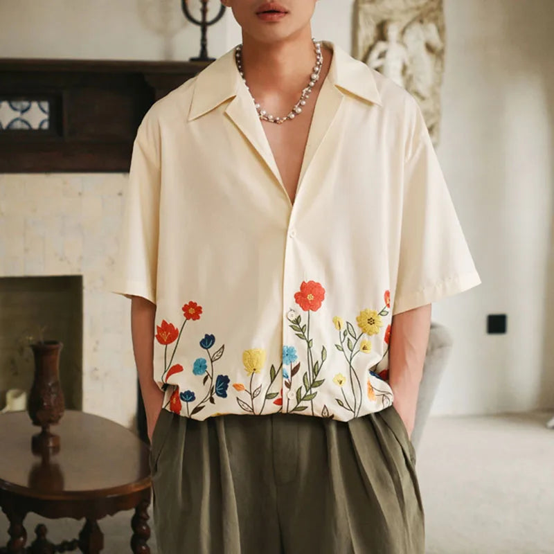2023 Men Shirt Flower Printing Lapel Short Sleeve Loose Summer Streetwear Men Clothing Korean Style Casual Shirts S-5XL INCERUN