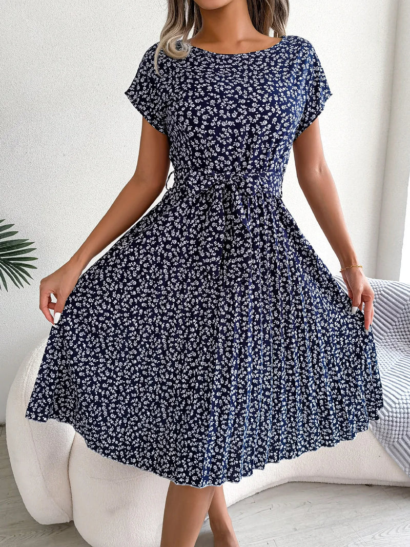 Women Spring Summer Short Sleeve High Waist Chic Dress Fashion Floral Pleated A Line Long Dress