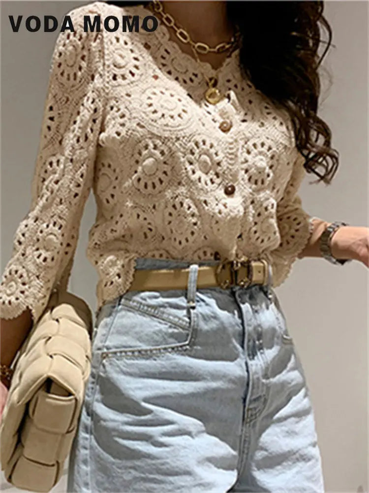 Spring New Lace Sweet Korean Lady Chic Blouses Sweet Tops Hollow Out Full Sleeves Hook Flowers Stylish Cardigans Vintage Women