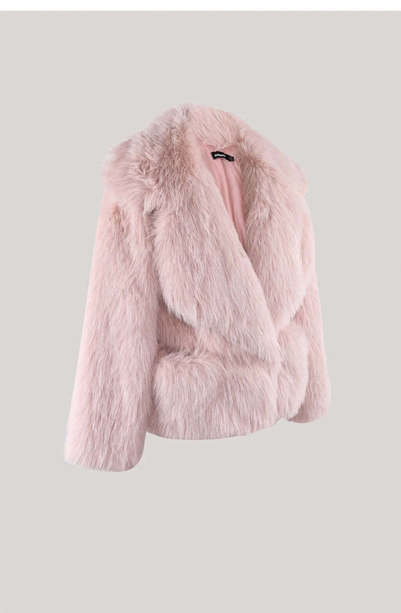 Nerazzurri Winter Short Loose Casual Hairy Soft Thick Warm Pink Faux Fur Coat Women with Big Collar and Pockets Fluffy Jacket