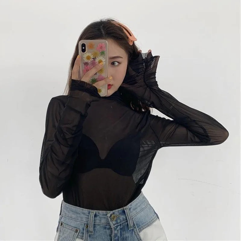 Long Sleeve T-shirts Women Mesh Summer Thin Breathable Turtleneck Sexy T-Shirts Tees Slim Candy Basic Sun-proof Blouse Tops