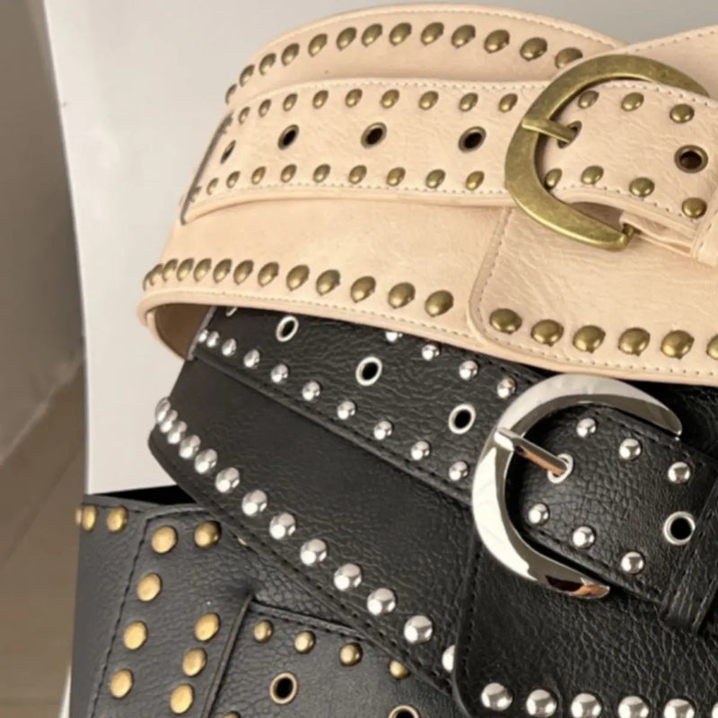 Vintage Punk Studded Belt  Chain Y2K Metal Pu Western Cowboy Wide Waistband Waist Belts Sexy Hiphop Men Skeleton Beaded Belt