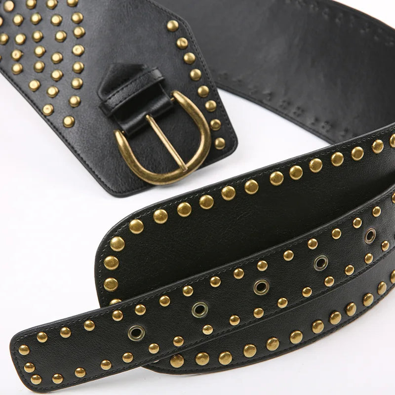Vintage Punk Studded Belt  Chain Y2K Metal Pu Western Cowboy Wide Waistband Waist Belts Sexy Hiphop Men Skeleton Beaded Belt
