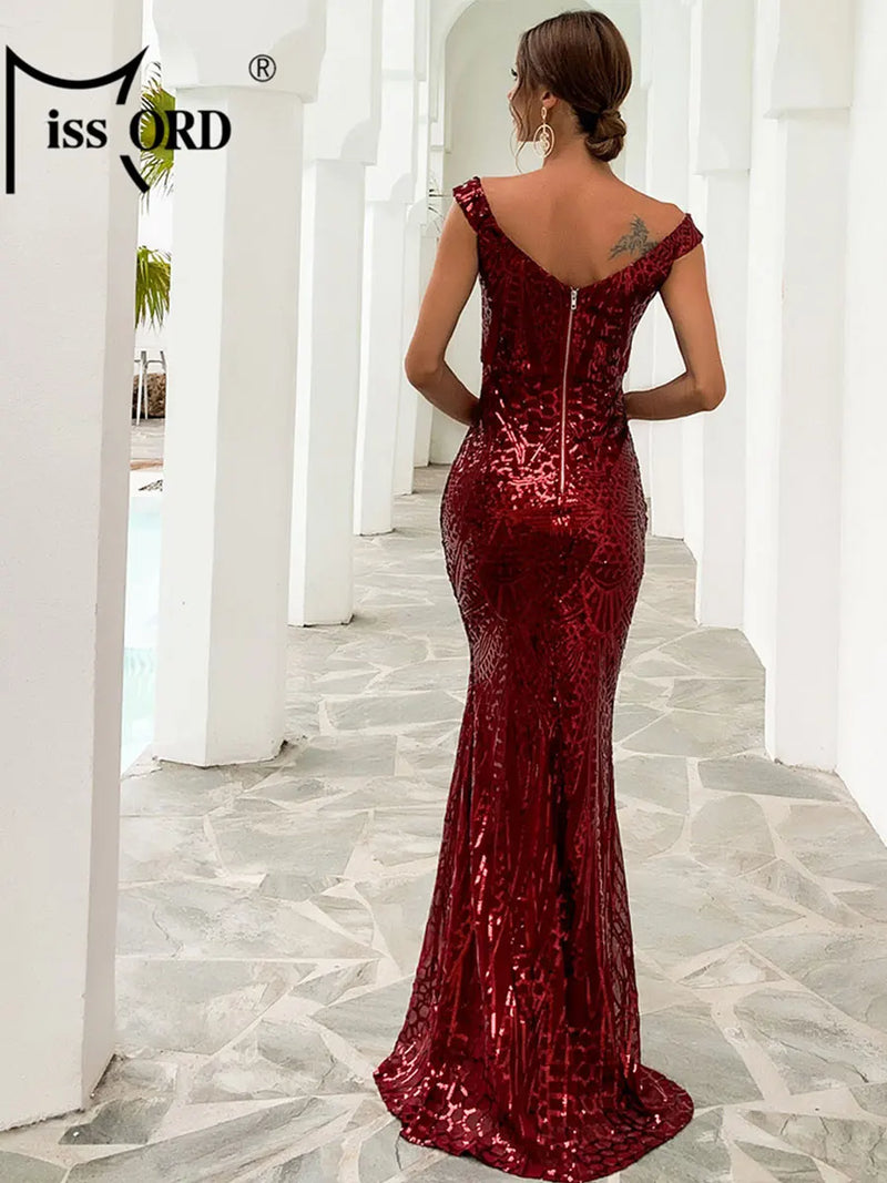 Missord Gold Long Evening Dress Elegant Women Off Shoulder Sequin Backless Bodycon Maxi Wedding Party Prom Dresses Ladies Gown