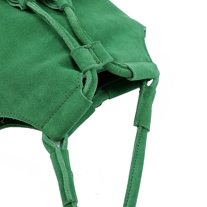 Female Stylish Genuine Leather Small Bucket Shoulder Bag Fashion Ibiza Boho Gypsy Hippie Suede Fringe Side Sling Green Pouch Bag