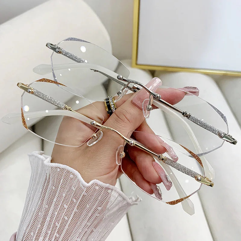 Women's Reading Glasses Fashion Rimless Diamond Cutting Frame Presbyopic Eyeglasses Optical Farsighted Eyewear Diopter 0 To +4.0