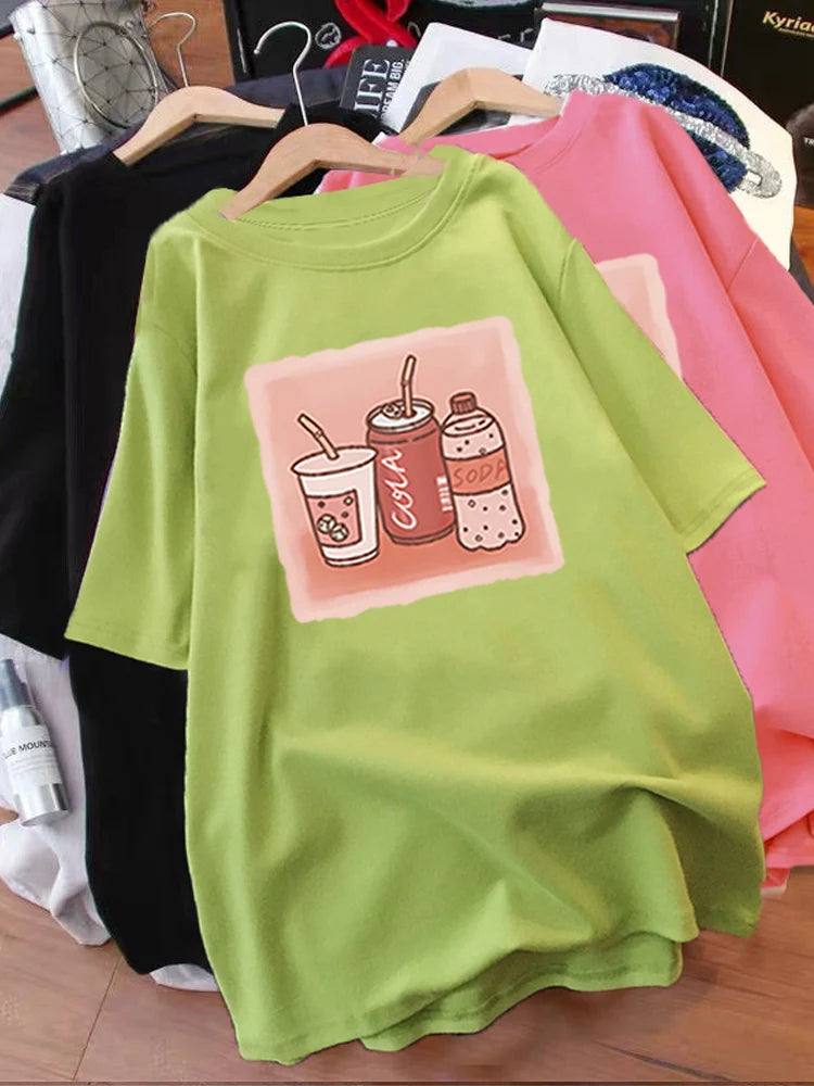 Pink Short Sleeve Oversized T-shirt Women's Loose Mid-Length Summer Printed O-Neck Tee European Style 2023 New Lover Tops