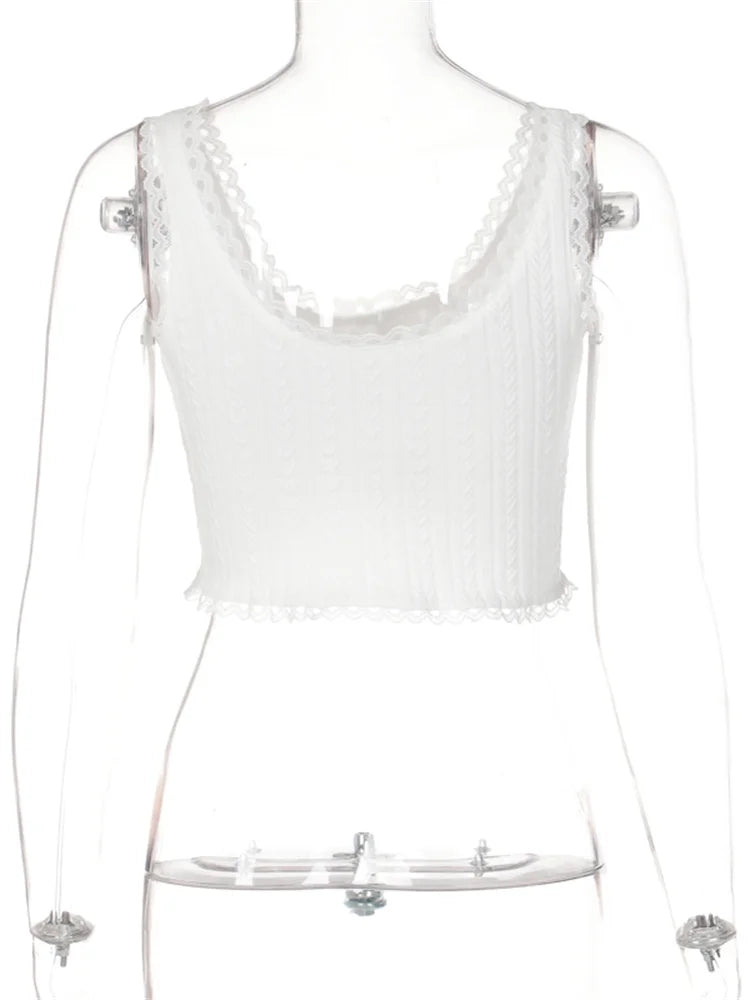 Retro Lace Trim Knit Tank Tops Women Slim Ruffle Crop Tops Summer Sleeveless Low Cut Sexy Vest Female