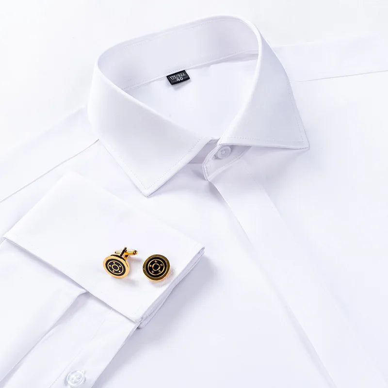 Windsor Collar French Cuff Dress Shirt Fashion Men's Long Sleeve Luxury Business Formal Shirts Covered Button Cufflink Shirt