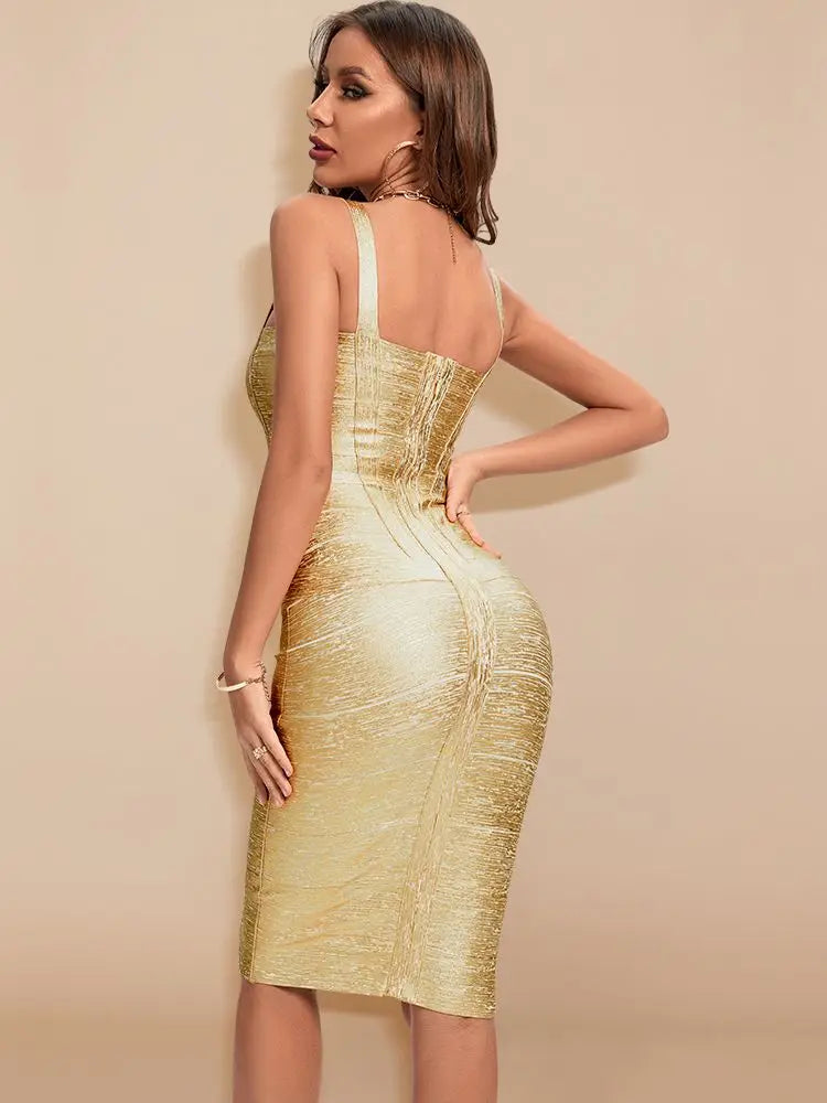 BEAUKEY Metallic Gold Silver Spaghetti Strap HL Bandage Dress Women Sexy Midi Cocktail Dress Bodycon Party Club Vestido XL