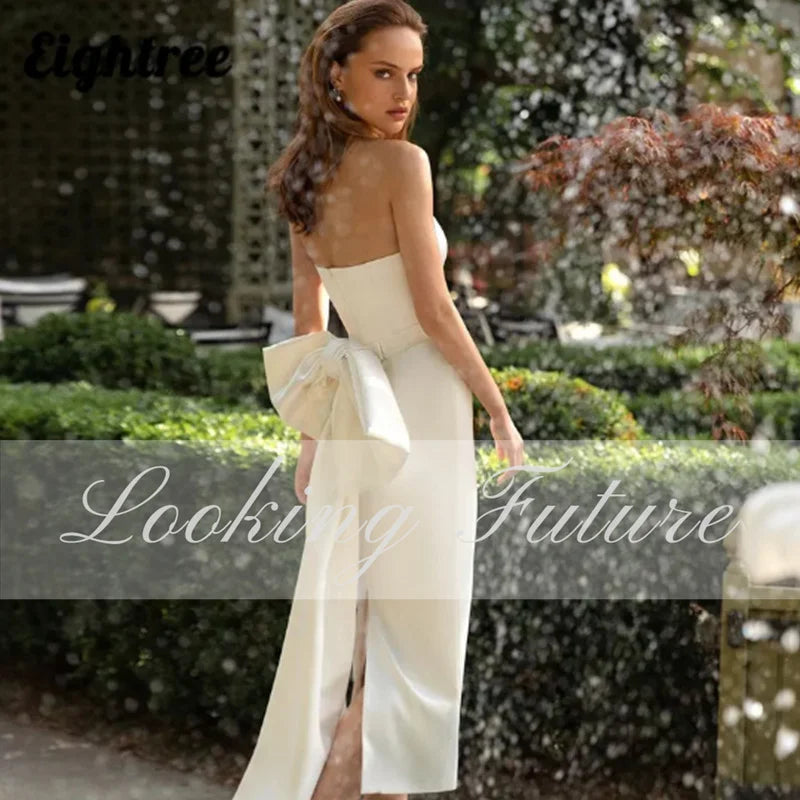 Simple White Wedding Dress Strapless Split Bridal With Bow Backless Zipper Bridal Gown Vestido De Noiva Elegant Tea-Length 2024