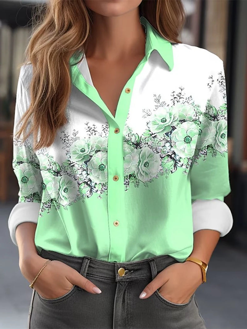 Women Shirts & Blouses Pink Light Green Floral Button Print Long Sleeve Elegant Shirt Party Fashion Shirt Female Clothing Blouse