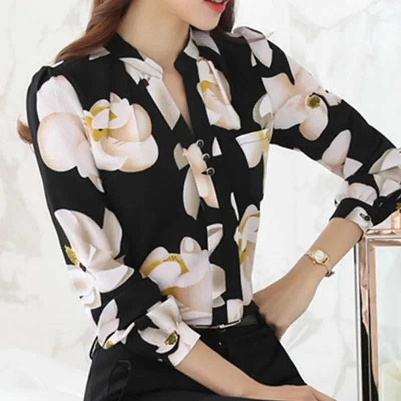 Autumn New Fashion Ladies Tops Elegant V-Neck Slim Chiffon Blouse Women's Clothing 2023 Office-lady Lady New Shirt Blusa 882G