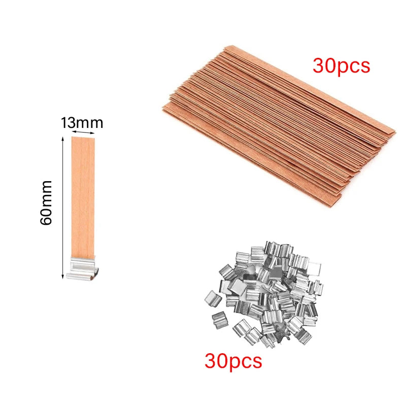 30/50pcs Wooden Candle Wick Set With Clip Base Smokeless Candle Wicks for DIY Paraffin Candle Jar Making Candle Making Supplies