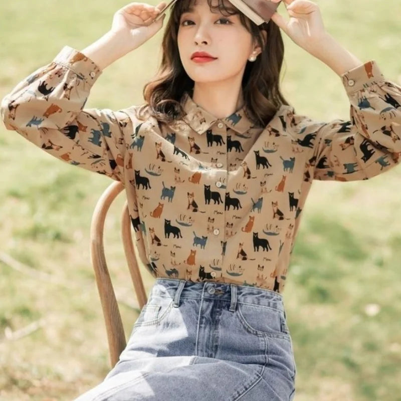 Deeptown Beautiful Blouses Women Harajuku Animal Print Button Up Shirt Vintage Korean 2022 Long Sleeve Tops Kawaii Cute Cardigan