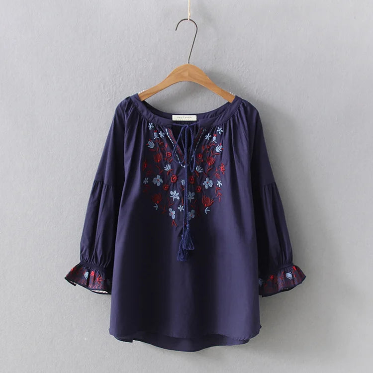 Bohemian Blouse 2021 Women Pullover Female Spring Autumn Spain Style Boho Ethnic Flare Sleeve Embroidery Shirt Blusa Tops