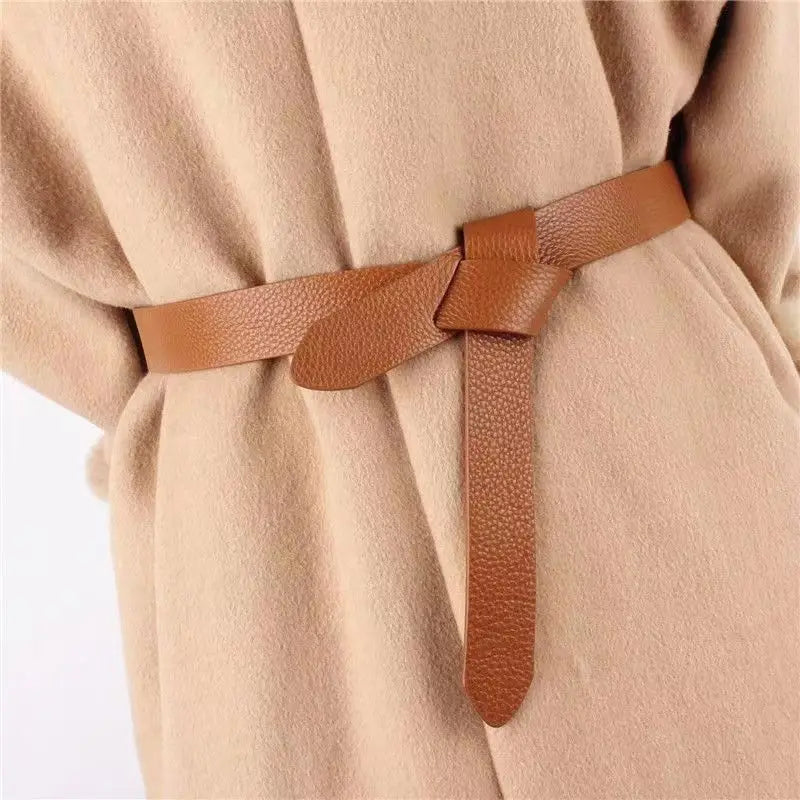 New Knotted Leather Belt Women's Dress Sweater Top Layer Cowhide Belt Women's Fashion Versatile Decorative Waist Seal Khaki