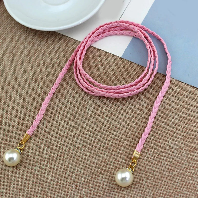 140CM Long Vintage Bohemian Knot Thin Belt Women Elegant Pearl Elastic Braided Waistband Female Summer Seaside Dress Waist Ropes