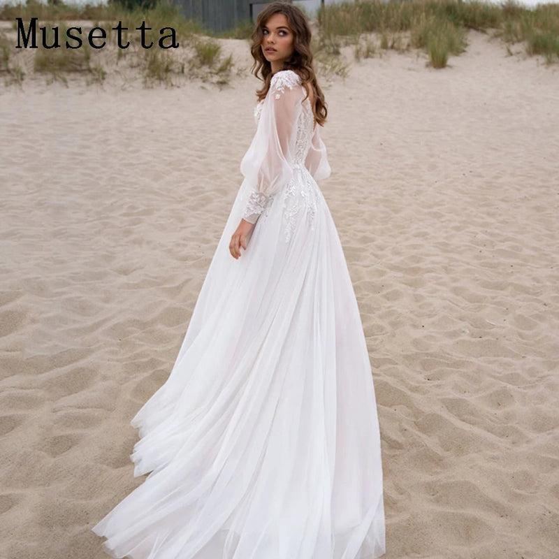 Musetta Beach V-Neck Simple Wedding Dresses 2023 Puff Sleeves High Slit Backless Bridal Gown Lace Applique Tulle Robe De Mariée