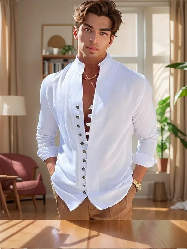 Men's long sleeve shirt cotton linen vintage solid color large size cardigan shirt casual loose high quality fashion men's wear