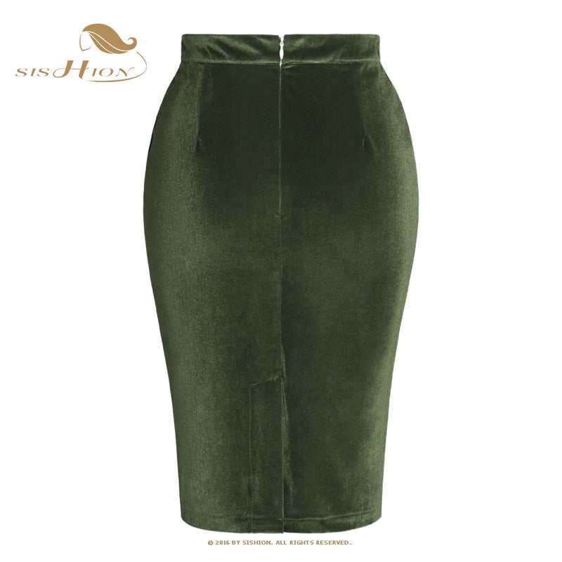 SISHION Army Green Velvet Autumn Winter Skirt for Women SS0028 Midi Length Fashion Office Ladies Work Party Pencil Skirts